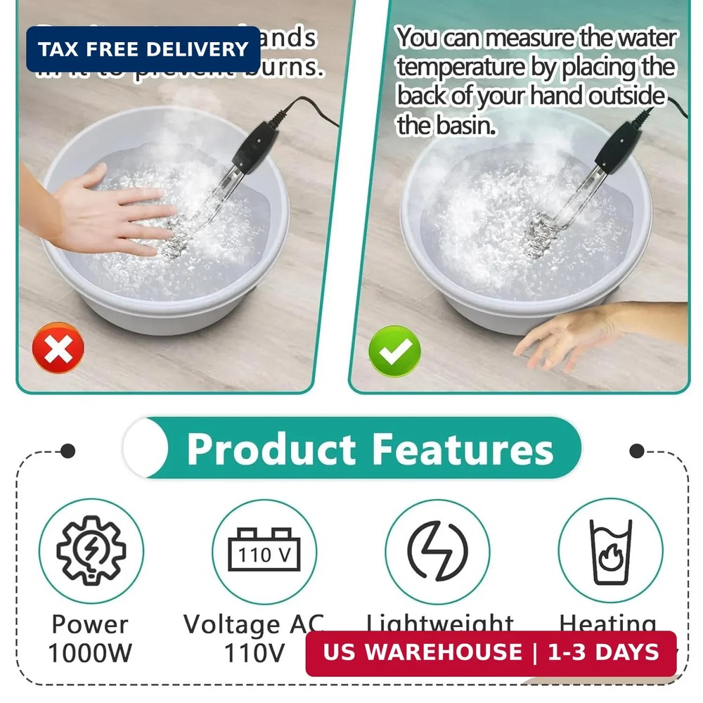 2 Pcs 1000W-110V Immersion Water Heater - 10in Immersion Electric Water Heater -