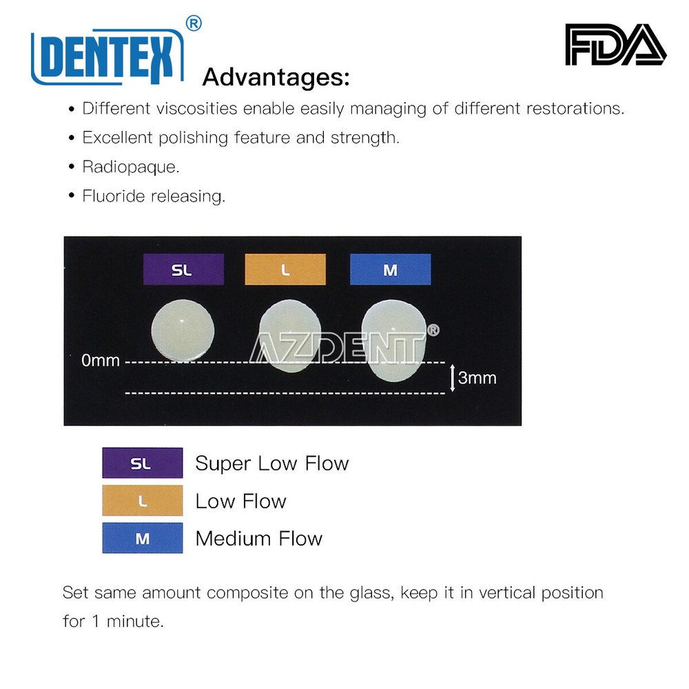 Dentex Dental Flowable Light Cure Composite Resin Low Flow/Medium Flow A1 A2 A3