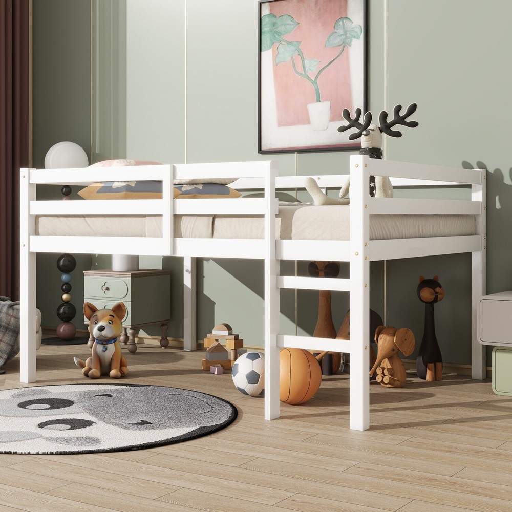 Full Size Loft Bed Frame Wood Bed Frame with Ladder for Bedroom White/Gray