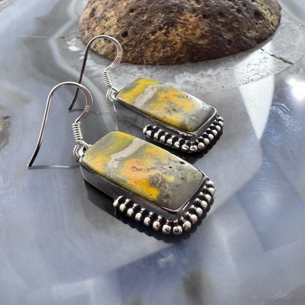 Sterling Southwestern Style Rectangle Eclipse Jasper Decorated Dangle Earrings