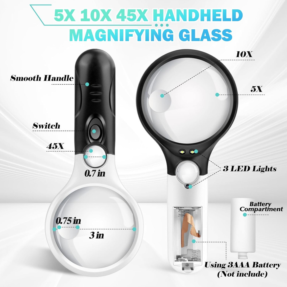 Compact Magnifying Glass with Lights,45X 10X 5X Small Handheld Lighted Magnifier