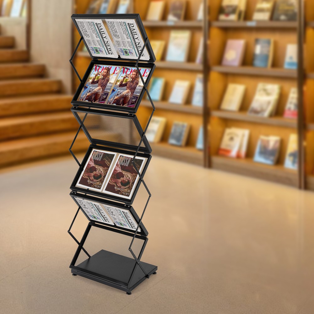 Magazine Rack Double A4 Width with 6 Pockets Magazine Display Stand Foldable