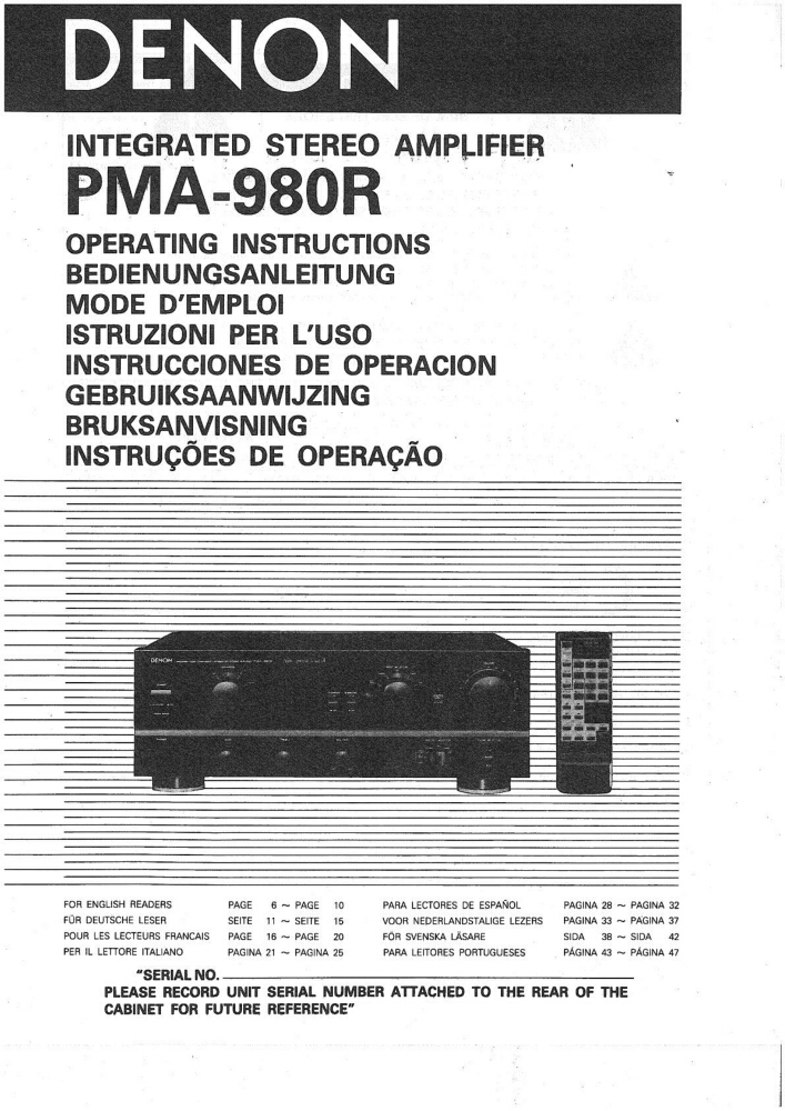 Denon PMA-980R Pre-Main Amplifier Owners Manual