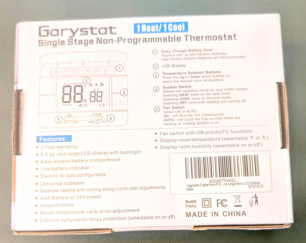 NEW GARYSTAT G711 Single Stage Non-Programmable Thermostat