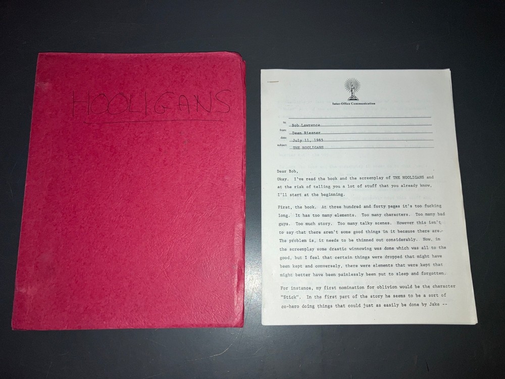 HOOLIGANS ('85) Dean Reisner 9pg Coverage + Donald Stewart Unmade Thriller + COA