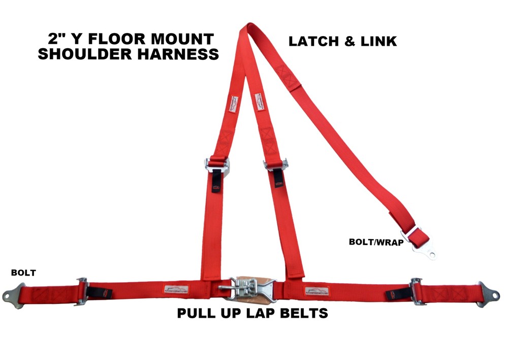 THREE POINT SEAT BELT RACE HARNESS 2" LATCH & LINK PULL UP LAP BELTS RED