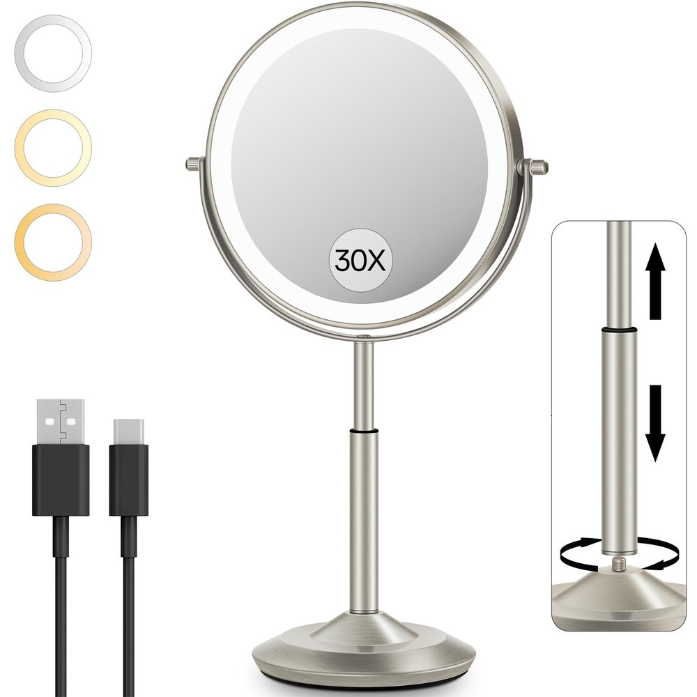 VFD 30X/1X Makeup Mirror with Lights, Height Adjustable Lighted Magnifying Va...