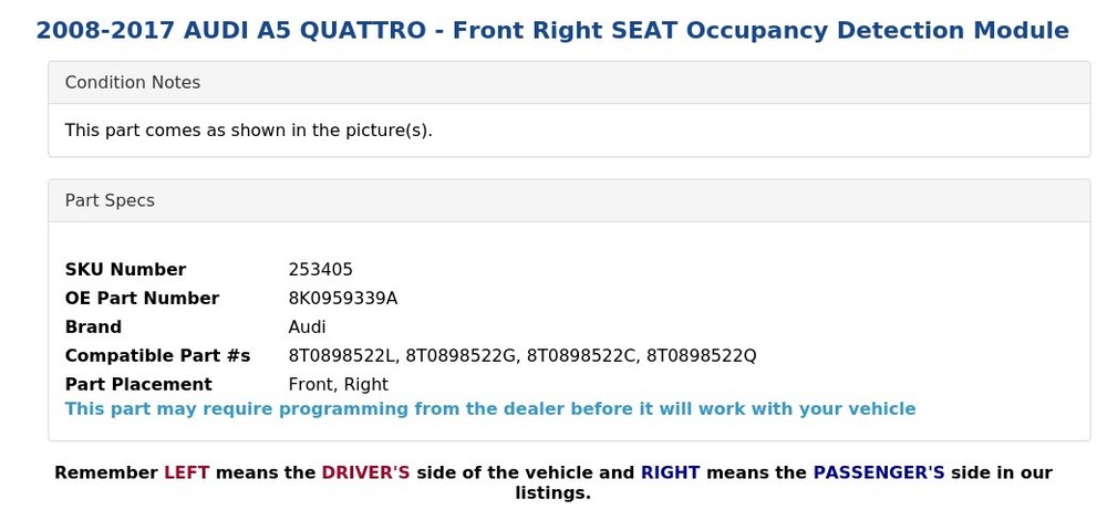 2008-2017 AUDI A5 QUATTRO - Front Right SEAT Occupancy Detection Module