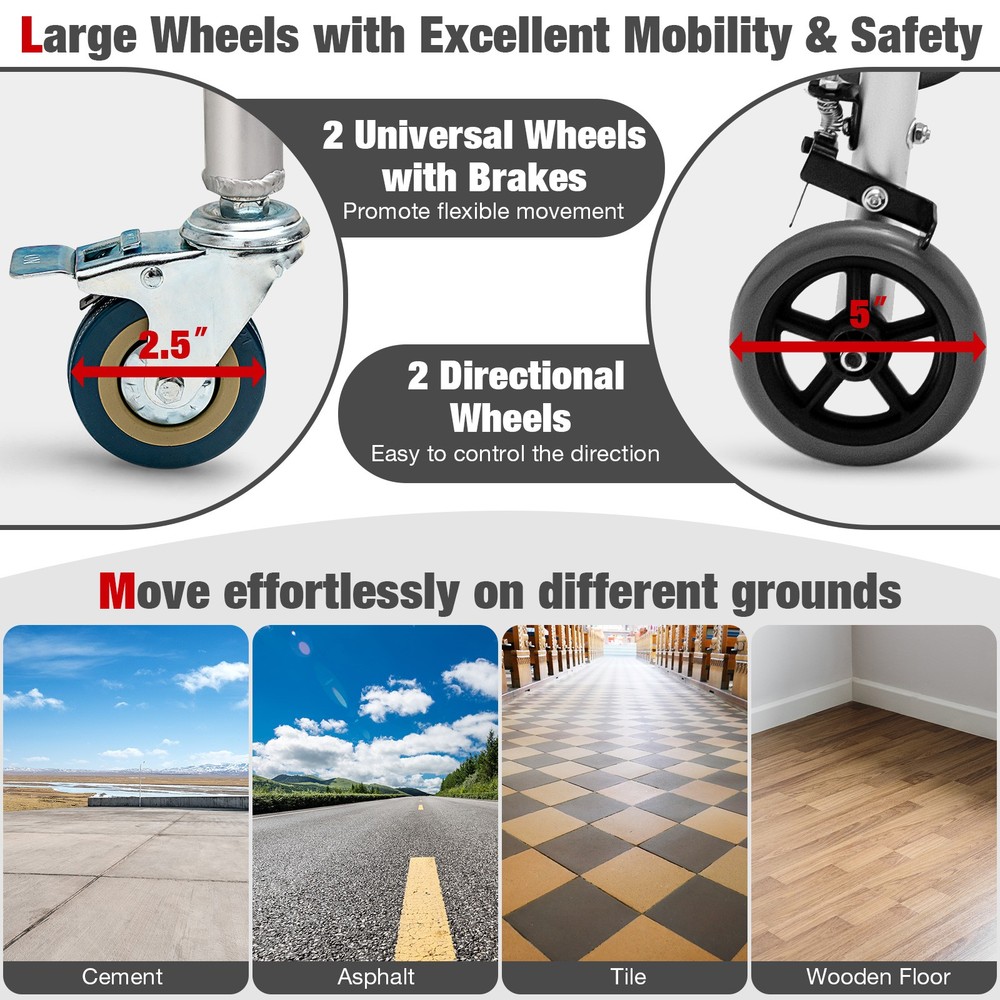Standard Walker 2-button Folding Walker w/5" Wheels Trigger Release for Seniors