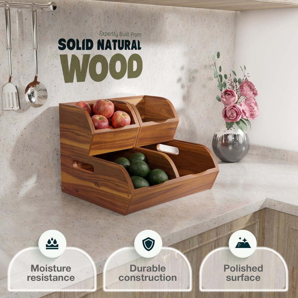 Acacia Wood Pantry Storage Bins – Stackable Open Front Kitchen Baskets for Po...