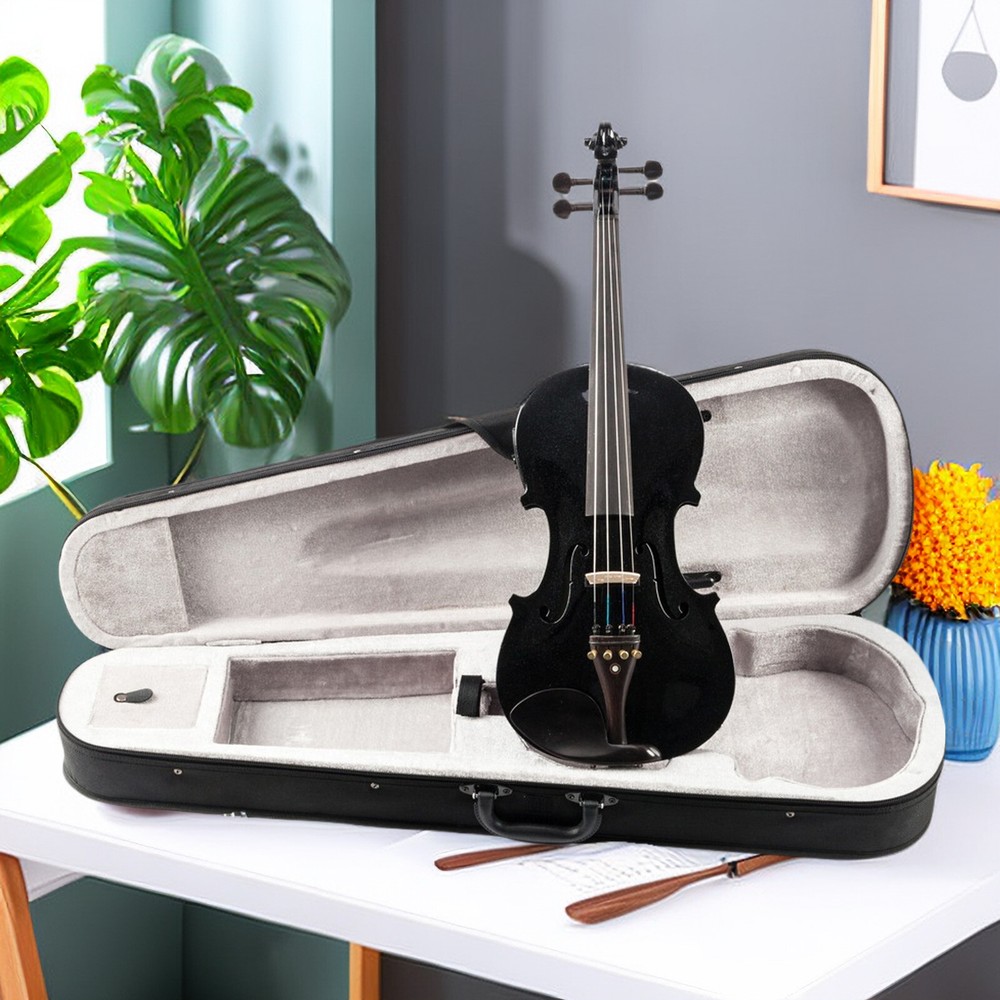 Black 4/4 Full Size Solid Wood Violin Set w/ EQ, Shoulder Rest, Electronic Tuner