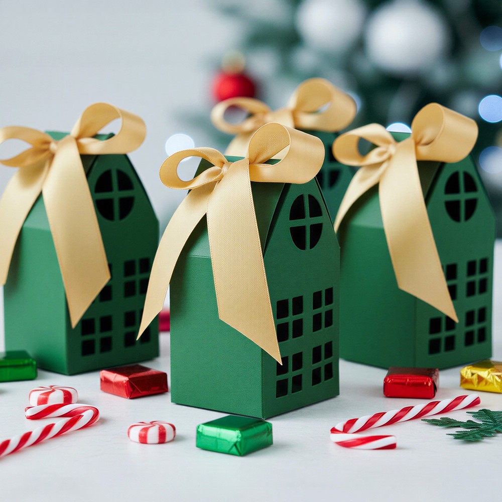 Wrapables Festive Christmas House Shaped Gift Boxes with Ribbons