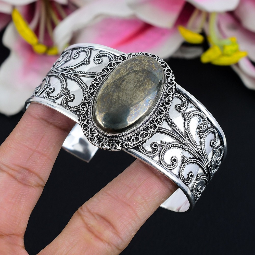 Apache Pyrite Gemstone Handmade 925 Sterling Silver Bangle Adjustable Cuff