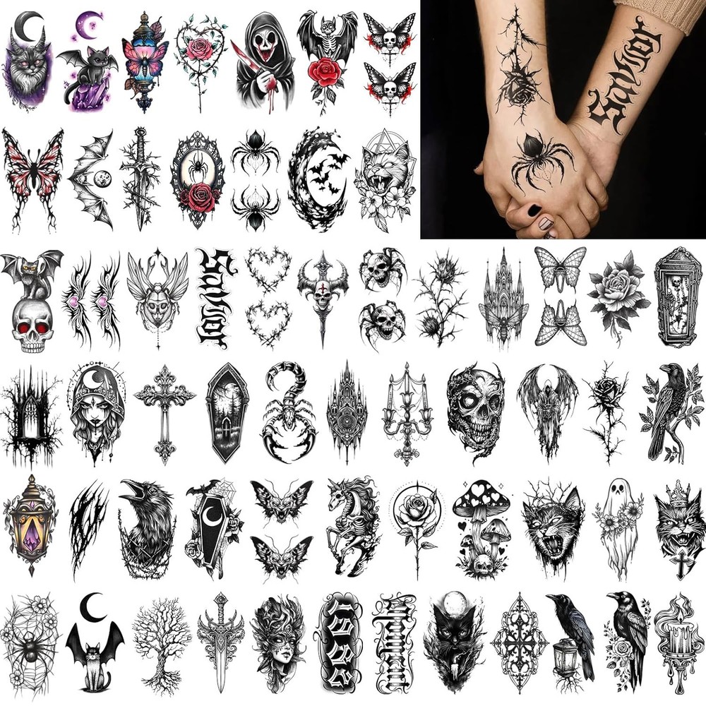 77 Sheets Gothic Temporary Tattoos, Mystery Spider Half Arm, Small, grey