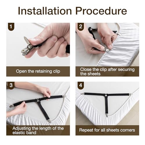 Bed Sheet Straps, Adjustable Elastic Fasteners with Metal Clips, 8 PCS White