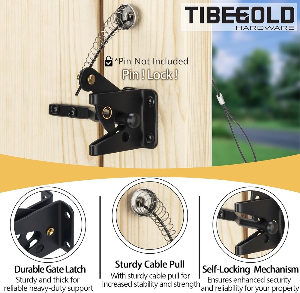 Self Locking Gate Latch with Spring Cable Pull, Black Gravity Lever Door...