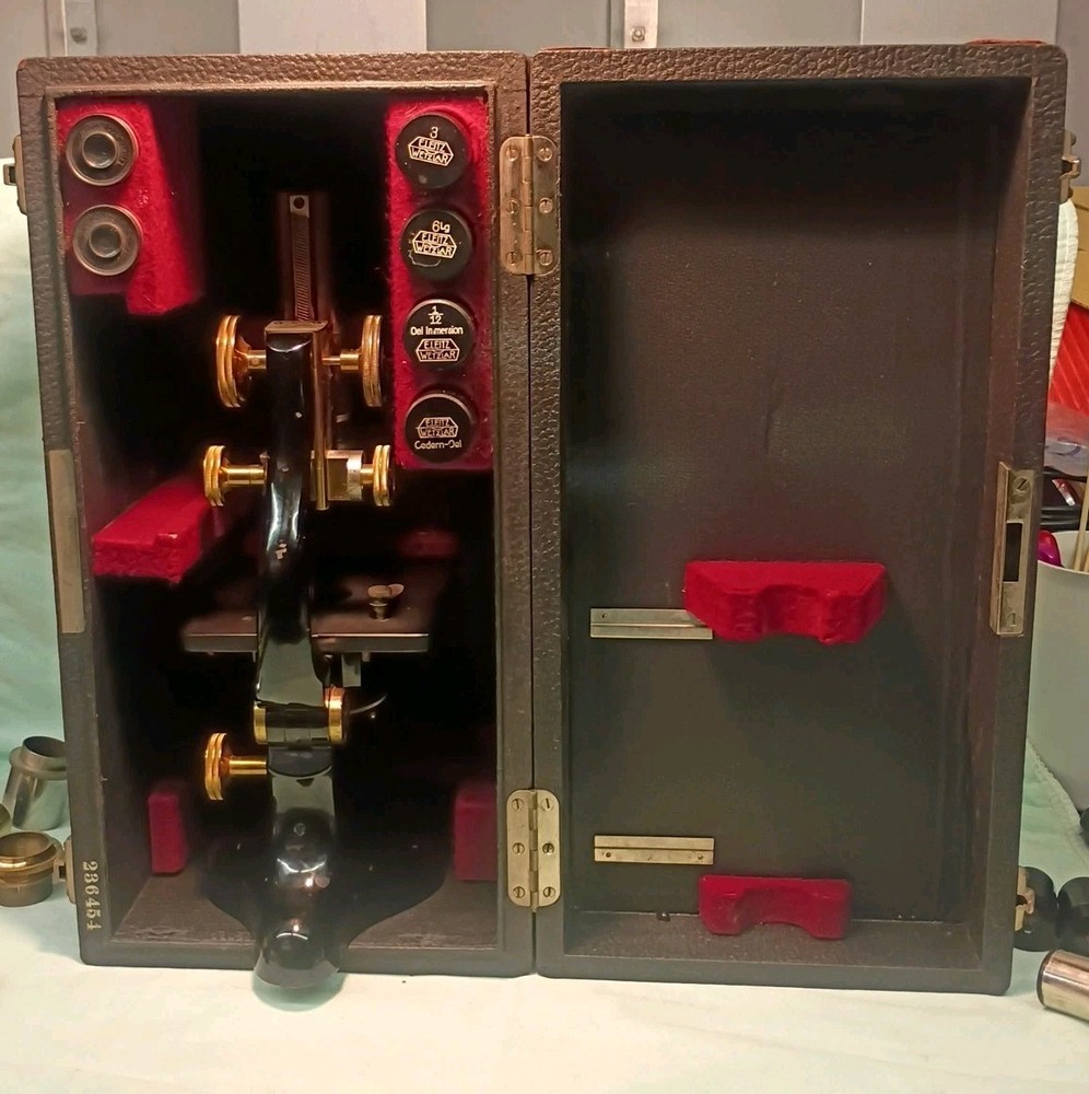 Vtg 1925 Ernst Leitz Wetzlar Microscope both Binocular & Single & Case & Optics