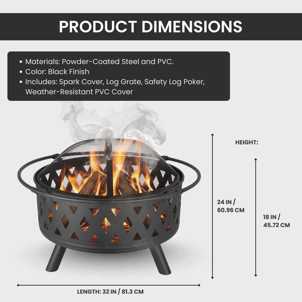 Fire Pit - 32-Inch Outdoor Wood Burning Firepit with Screen, 32", Black
