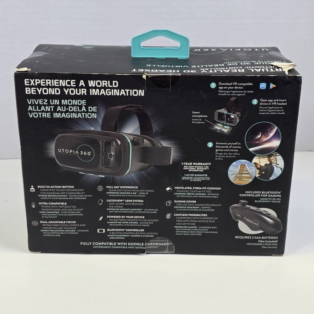 Utopia 360 Virtual Reality 3D Headset With Head Strap And Bluetooth Controller