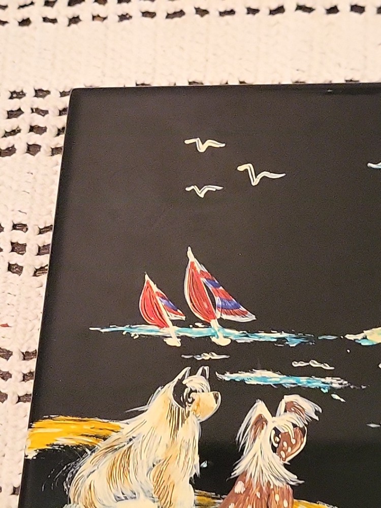 Hand Painted Dog Ceramic Tile 6" Square Multicolor 2000 Y2K Lighthouse Signed