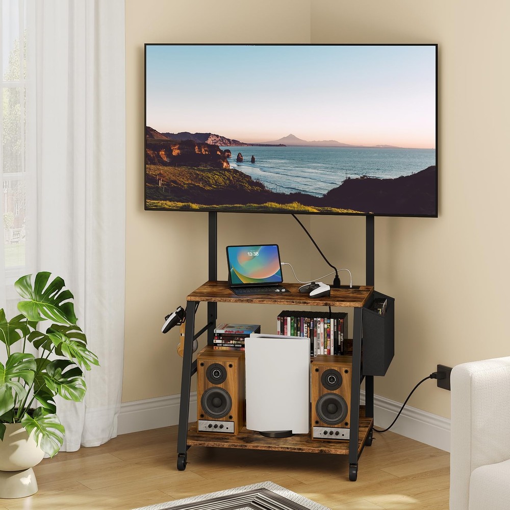 Mobile TV Stand with Charging Station, Adjustable Mount and Wheels, Rolling T...