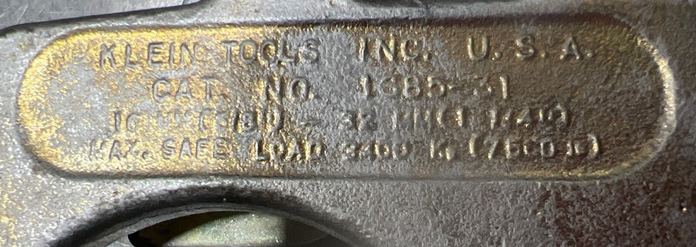 Vintage Klein Tools Grip Cable Wire Puller Cat 1685-31 / 7500LBS Used Surplus.