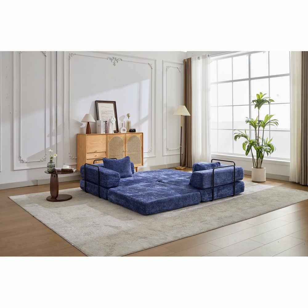 Foldable Sofa Bed with Memory Foam - Dark Blue Chenille Fabric