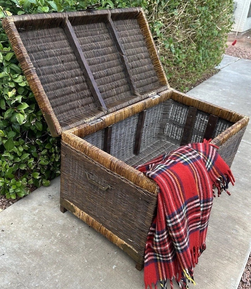 Antique Wicker Blanket Chest c1905 Cane Trunk Brass Hardware