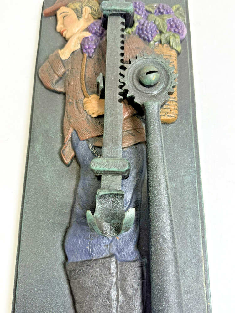 Vintage Cast Iron Wall Mount Corkscrew Cork Puller Grape Harvester Design