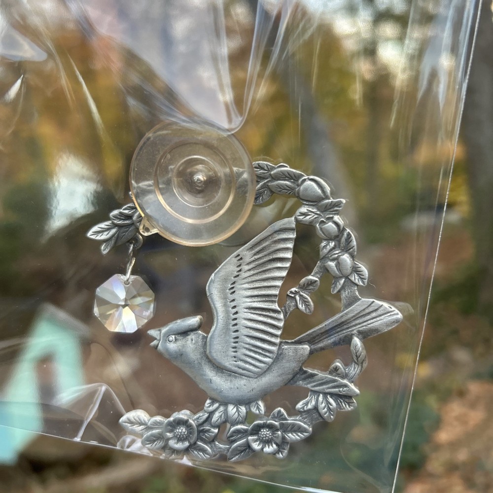 VTG Pewter Bluejay With Dangling Crystal Suction Cup