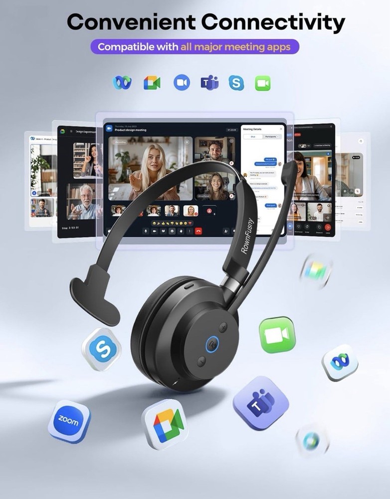 Rownfusny Wireless Headset with Mic for Work, Clear Sound ＆ Comfortable Compu...