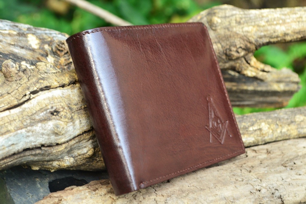 Masonic Brown Leather Bi-Fold Wallet - Mason - Embossed Square and Compasses