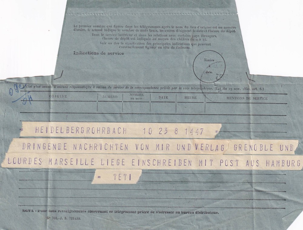 1952 Telegram Lourdes/Heidelberg