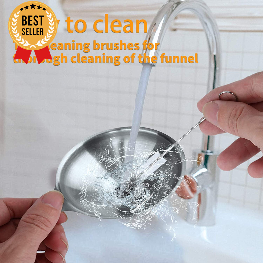3PCS Stainless Steel Funnel Set Large Medium Small with Brushes for Kitchen Bott
