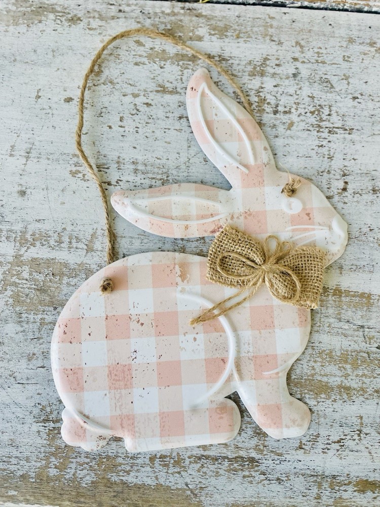 Spring Peach Gingham Hanging Metal Bunny