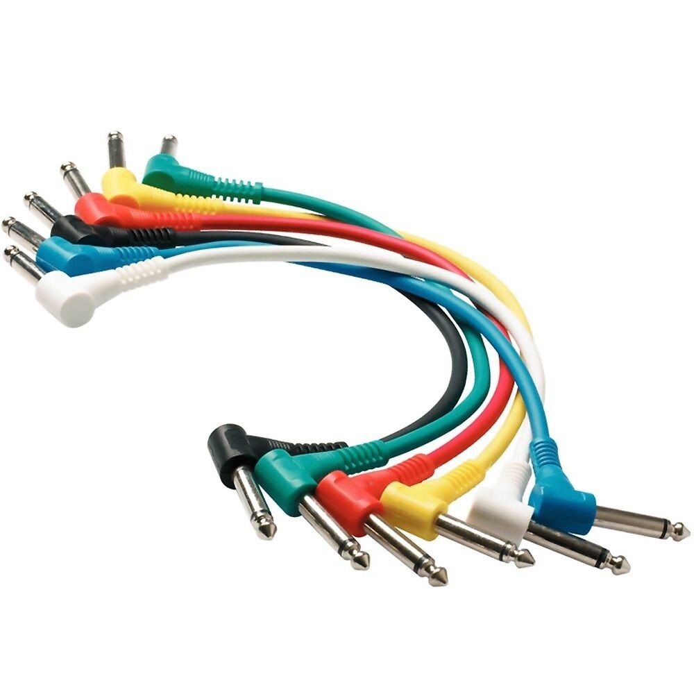 PERFEKTION 1/4" TO 1/4" TS 1' FT RIGHT ANGLE AUDIO PATCH CABLES, 6-PACK, COLORED