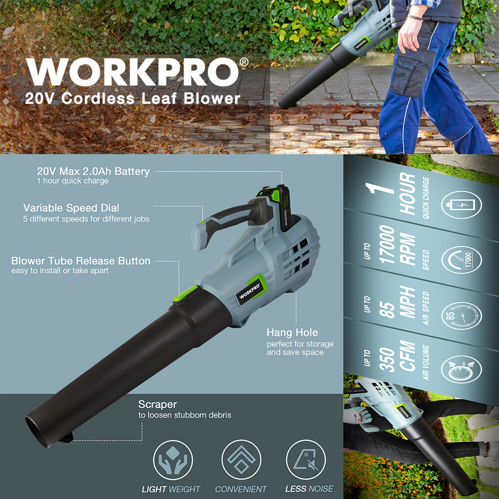 WORKPRO 20V Cordless Leaf Blower with 5 Adjustable Speeds 350 CFM Quick Charger