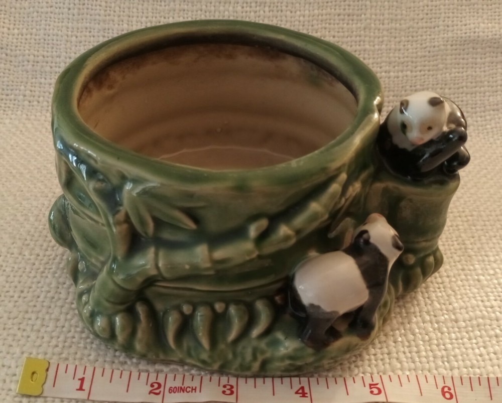 Vintage Panda Bear 🐼 Planter, 2 Pandas, Green Bamboo