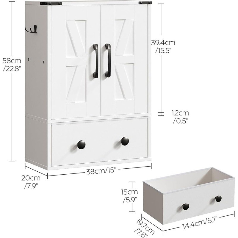 Wall Mounted Bathroom Storage Cabinet Adjustable Shelf Rustic Double Door Drawer