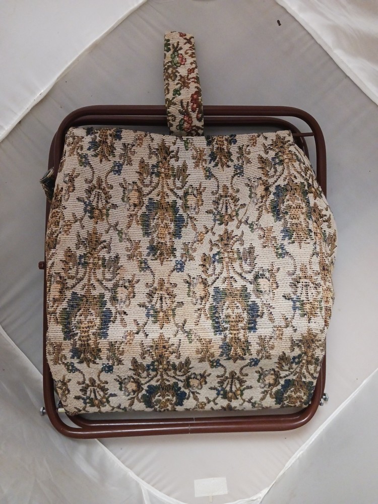 1970s Vntage Sewing Caddy Basket With Plastic Folding Frame Tan Tapestry & Lined