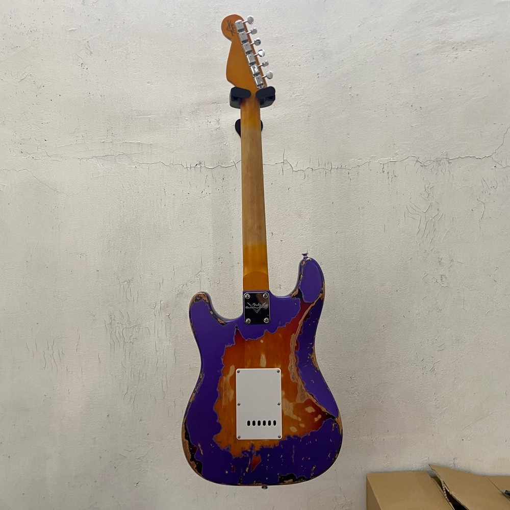 Purple handcrafted distressed ST electric guitar, maple body, 6 strings