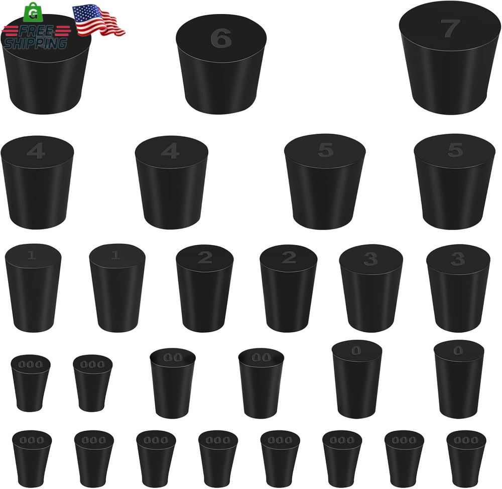 27 Pack (10 Assorted Sizes) 000# - 7# Tapered Lab Bungs Solid Rubber Stoppers