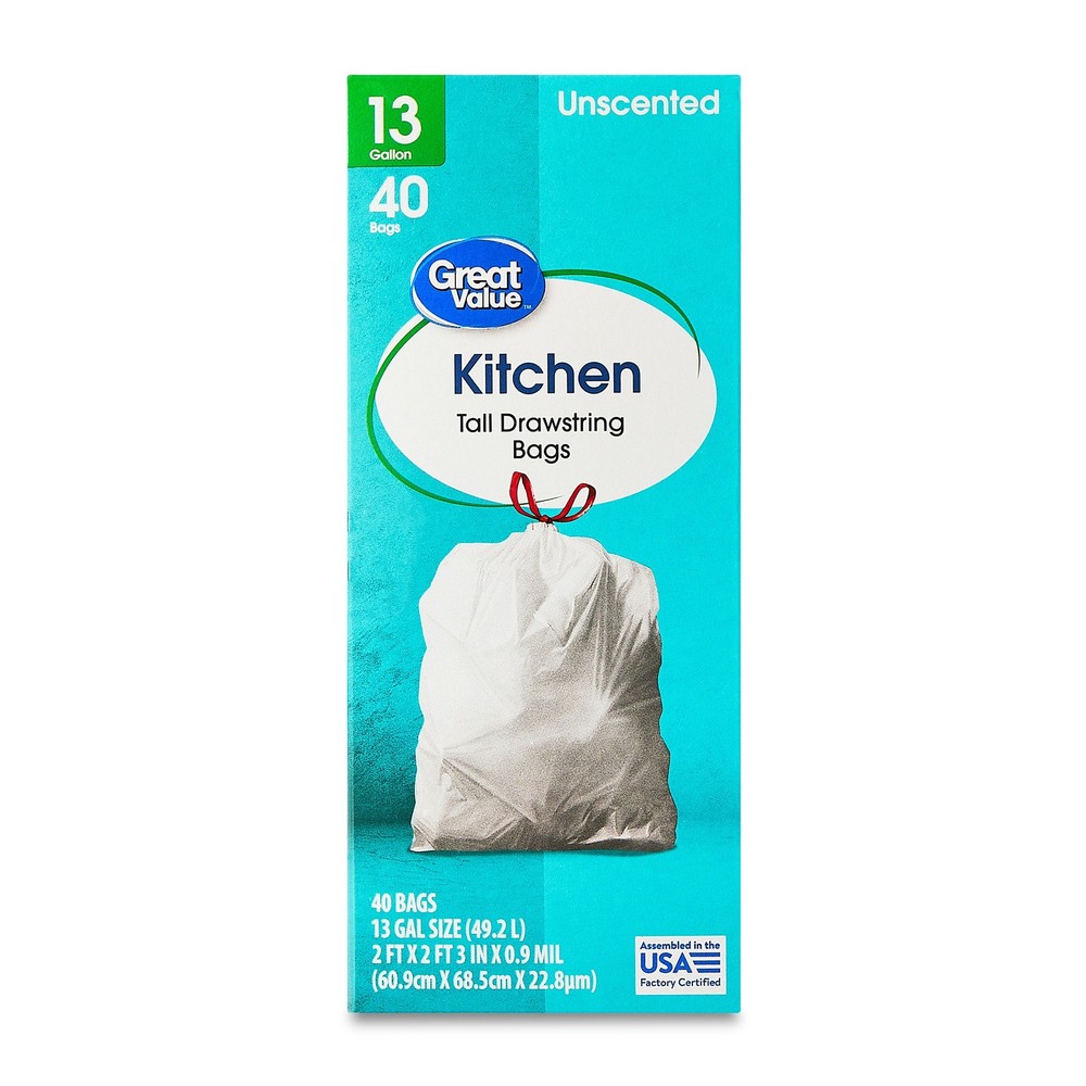 13 Gallon Tall Kitchen Trash Bags Unscented Drawstring 40 Count