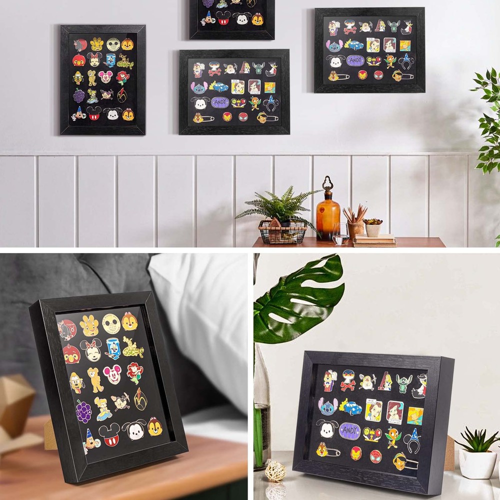 Enamel Pin Display Frame, 7x9 Shadow Box for Wall and Tabletop Mount, Black