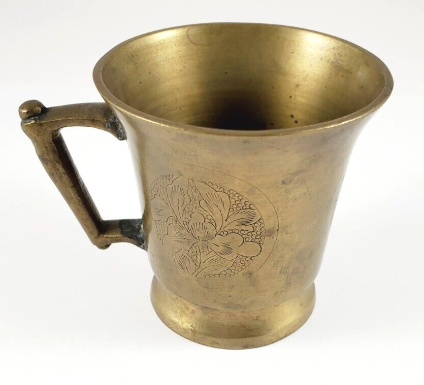Antique Solid Brass Footed Cup-Iris Engraving-Chinese