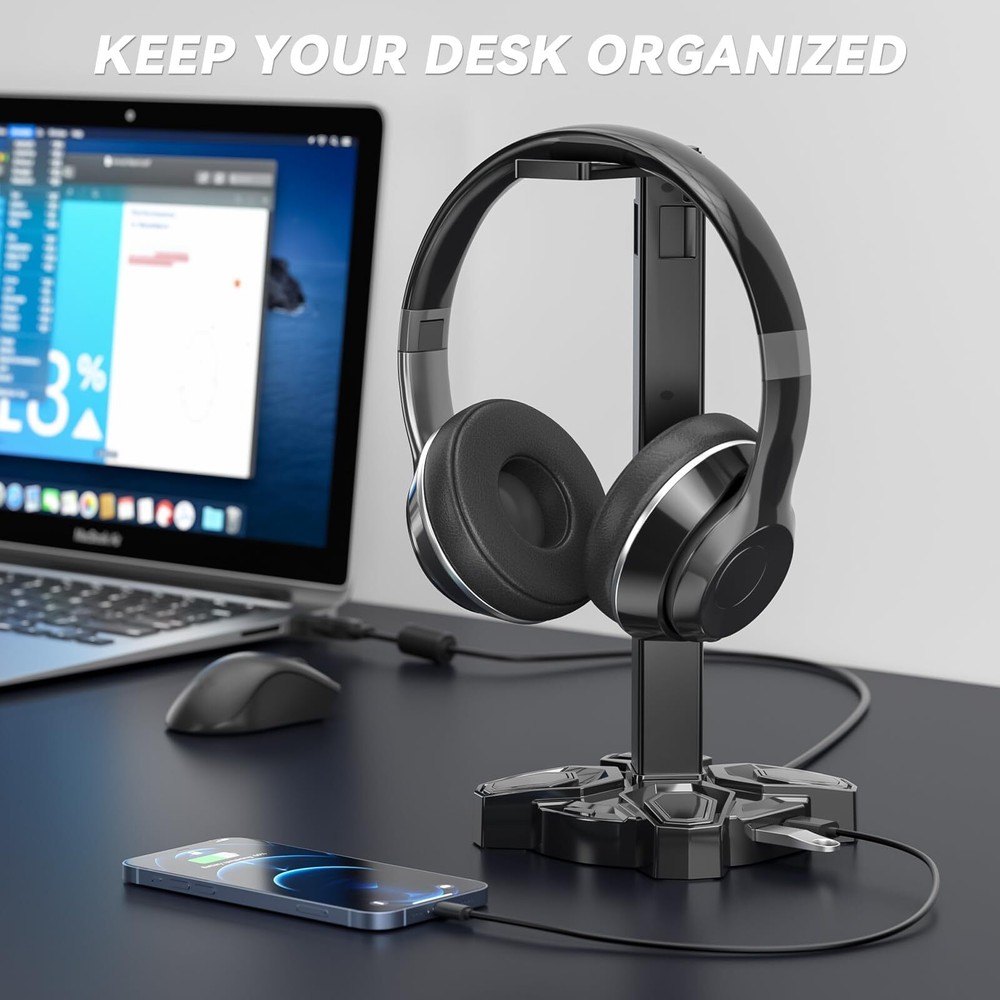 Gaming Headphone Stand Rotatable Light Modes with USB Ports & Controller Holder