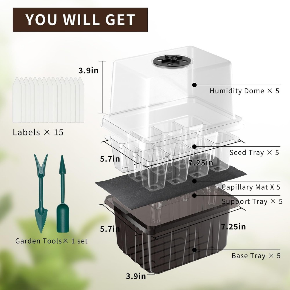 Seed Starter Trays Self-Watering - Kit with Humidity Dome, 5-Pack 60-Cell Pla...