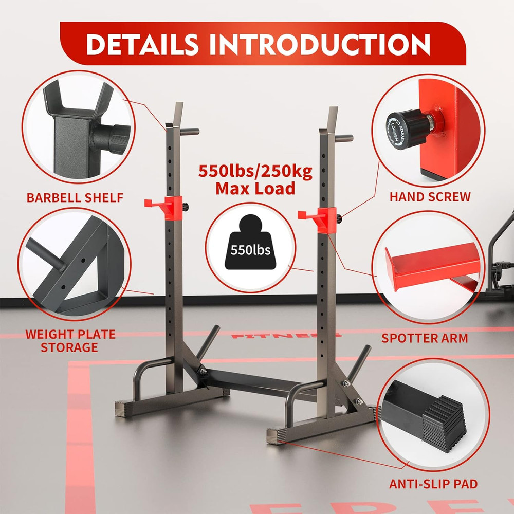 Adjustable Squat Rack, Barbell Rack, Bench Press 550 LBS Max Load Multi-Function