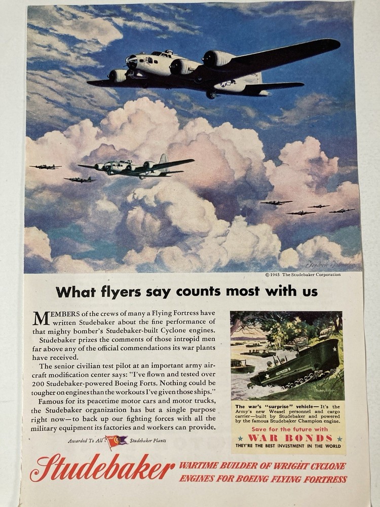1945 Studebaker Print Ad Wartime Builder Wright Cyclone Engines Flying Fortress