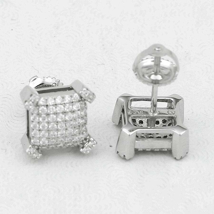 Men's Sterling Silver 925 Cubic zirconia 10mm Square Earring Screw Back*Box